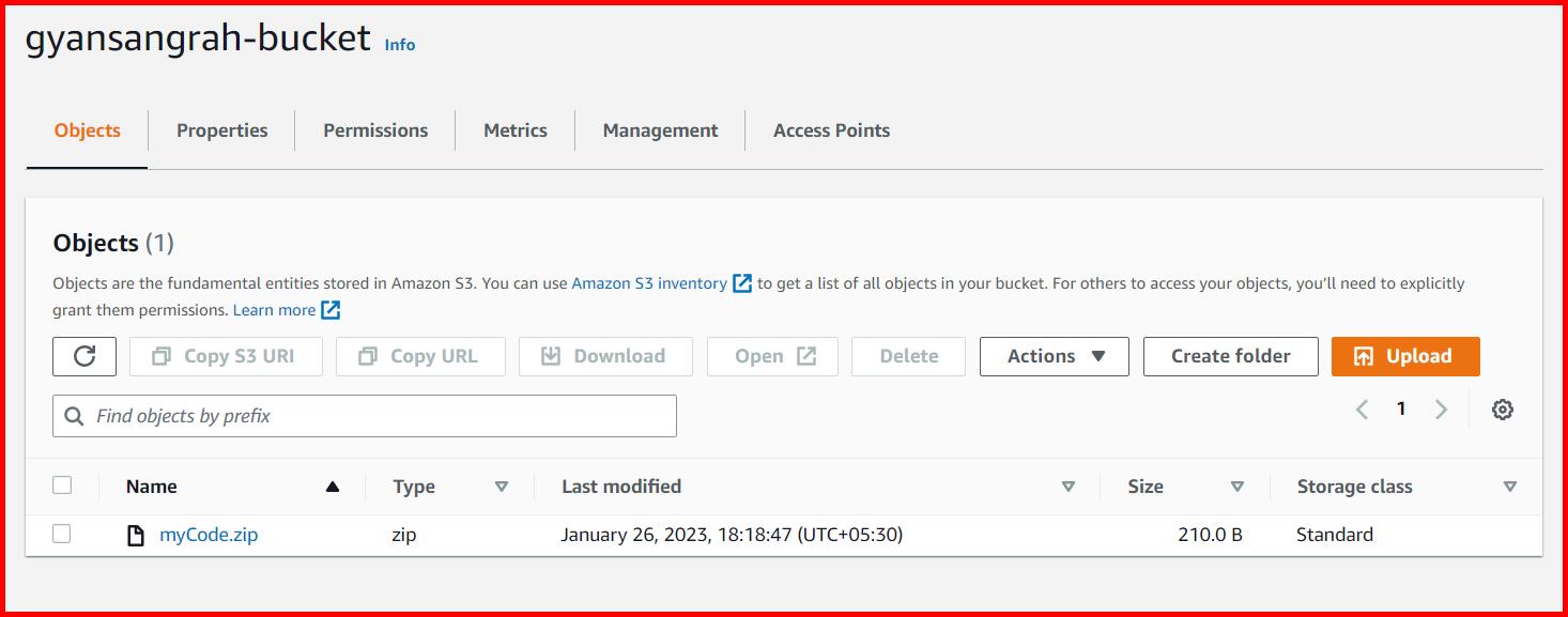 Picture showing the node.js code uploaded on S3 bucket